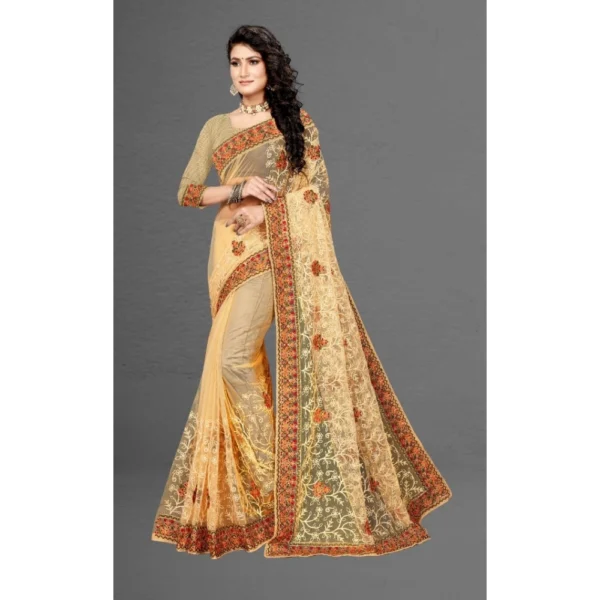 Women's Net Saree With Women>Ethnic Wear>Blouse (Chiku, 5-6Mtrs) - Image 4