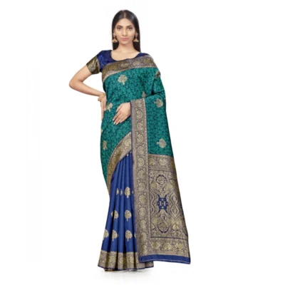 Women's Banarasi Silk Saree With Women>Ethnic Wear>Blouse (Navy Blue, Rama, 5-6Mtrs)