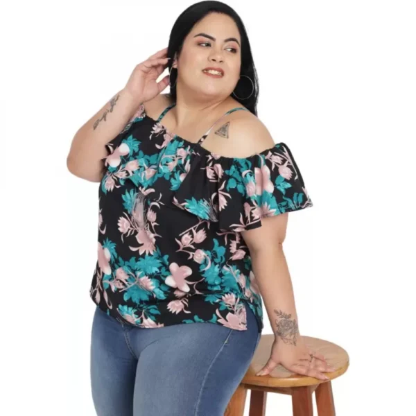 Women's Casual Floral Print Black Top (Color:Black, Material:Polyester) - Image 4