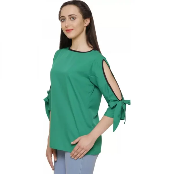 Women's Casual Slit Sleeve Solid Green Top (Color:Green, Material:Poly Crepe) - Image 3