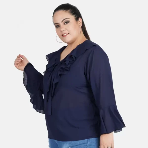 Women's Casual Bell Sleeve Solid Blue Top (Color:Blue, Material:Georgette) - Image 5