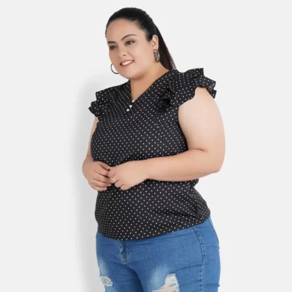 Women's Casual Flutter Sleeve Polka Print Black Top (Color:Black, Material:Crepe) - Image 5