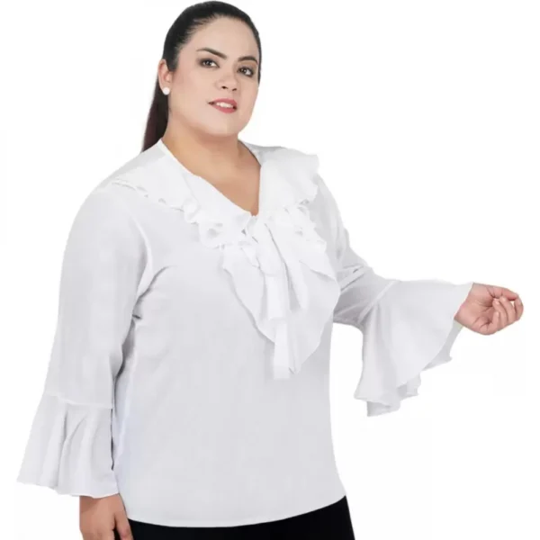 Women's Casual Bell Sleeve Solid White Top (Color:White, Material:Georgette) - Image 5