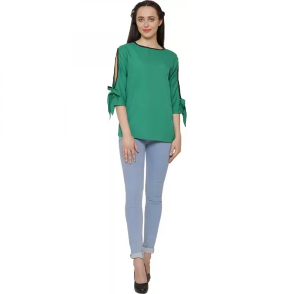 Women's Casual Slit Sleeve Solid Green Top (Color:Green, Material:Poly Crepe) - Image 5