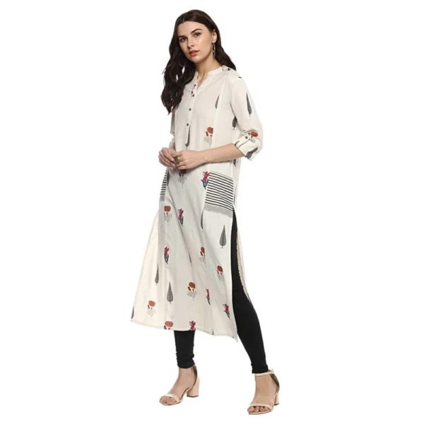 Women's Khadi Printed A Line Kurti (Off White, Khadi) - Image 3