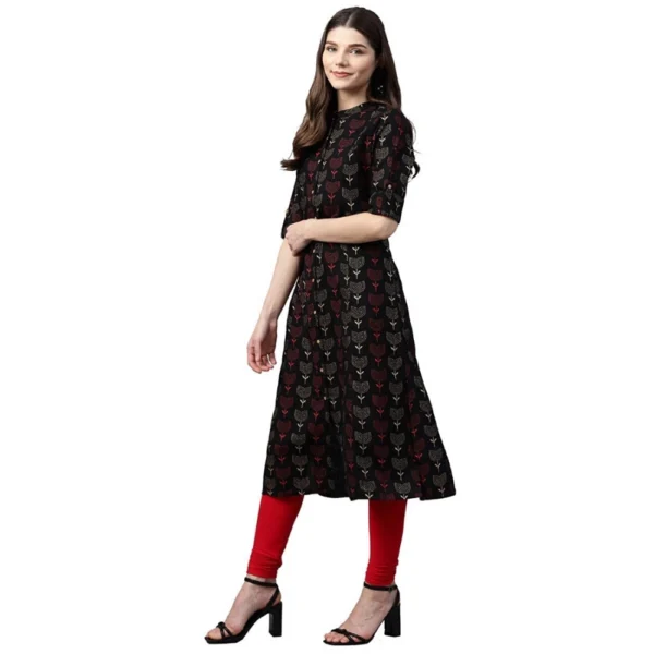 Women's Cotton Printed A Line Kurti (Black, Cotton) - Image 4