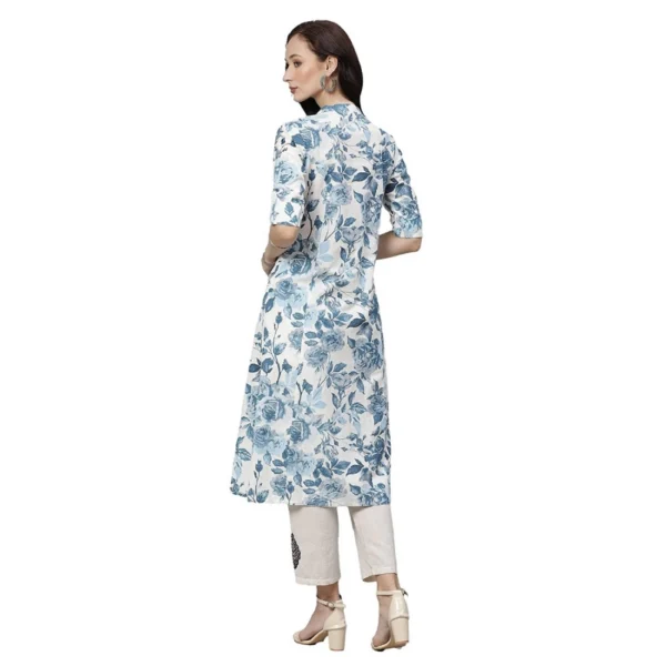 Women's Cotton Printed Floral Print Kurti (White, Blue, Cotton) - Image 2