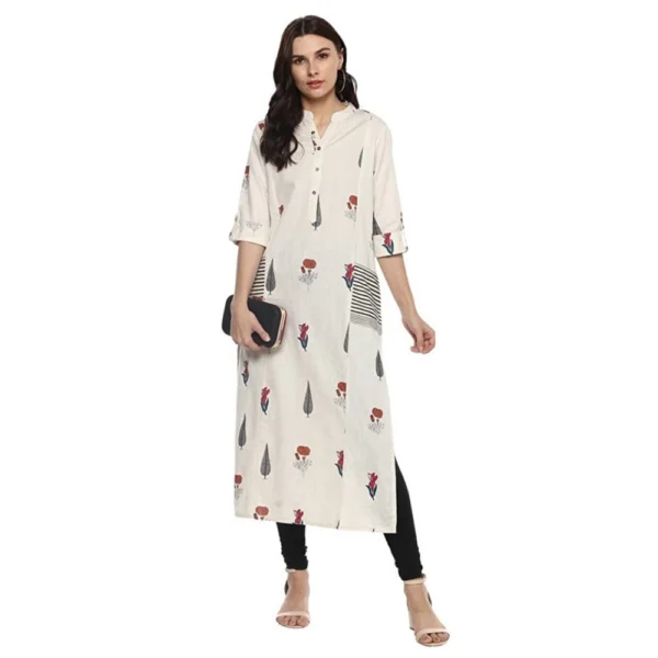 Women's Khadi Printed A Line Kurti (Off White, Khadi) - Image 5