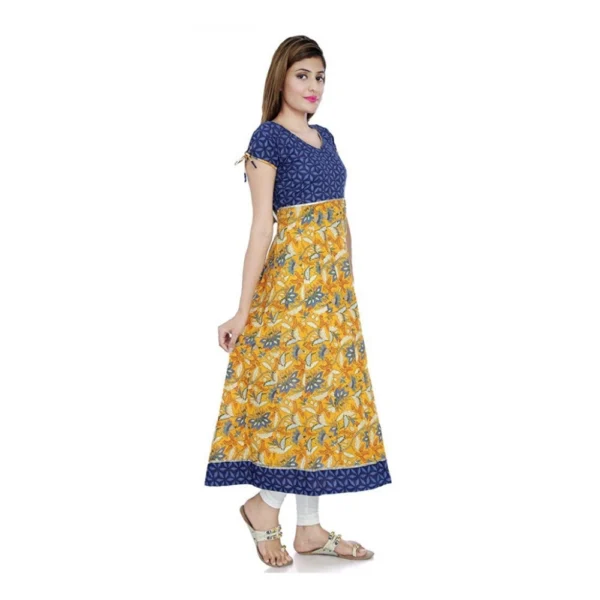 Women's Cotton Printed Long Kurti (Mustard, Blue, Cotton) - Image 4