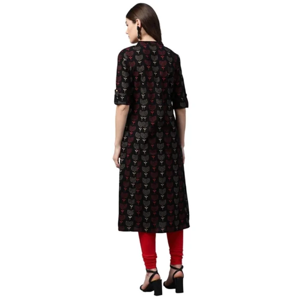 Women's Cotton Printed A Line Kurti (Black, Cotton) - Image 2