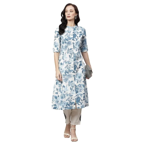 Women's Cotton Printed Floral Print Kurti (White, Blue, Cotton) - Image 3