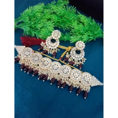 Women's Necklace Chowker Set (Maroon, Free Size)