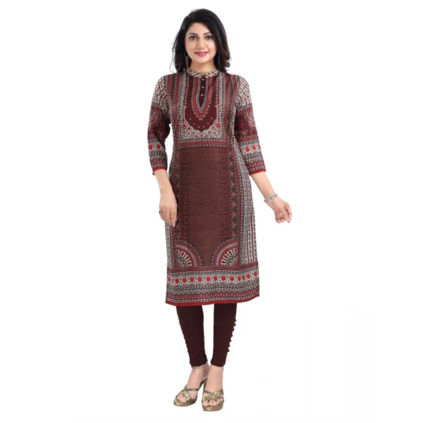 Women's 3/4th Sleeve Masleen Tunic Long Kurti (Brown) - Image 2