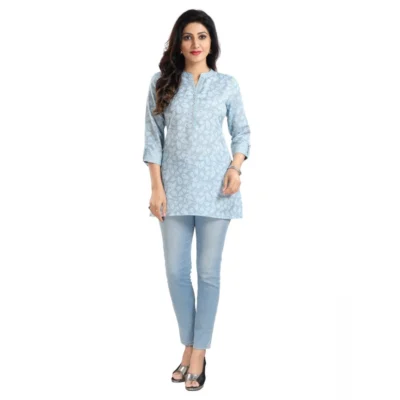 Women's 3/4th Sleeve Viscose Blend Tunic Short Top (Blue)