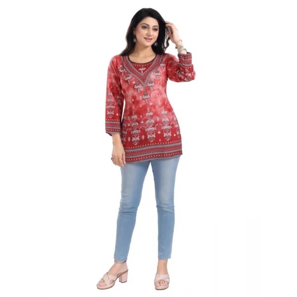 Women's 3/4th Sleeve Faux Crepe Tunic Short Top (Red) - Image 3
