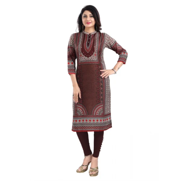 Women's 3/4th Sleeve Masleen Tunic Long Kurti (Brown) - Image 3