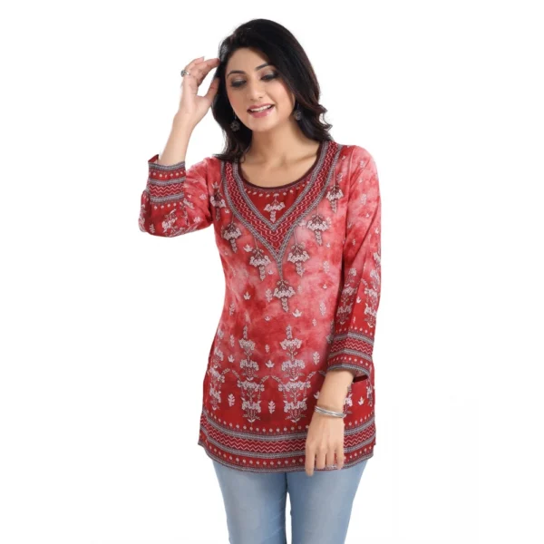 Women's 3/4th Sleeve Faux Crepe Tunic Short Top (Red) - Image 4