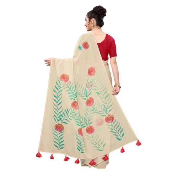 Women's Georgette Floral Hand Printed Sarees (Beige, 5-6 Mtrs) - Image 4