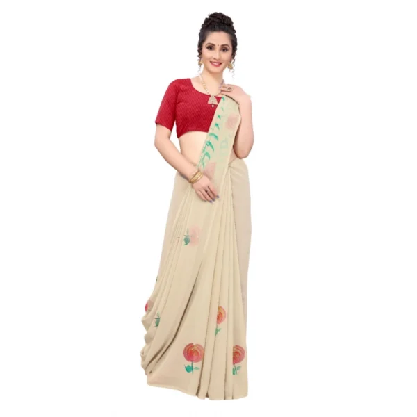 Women's Georgette Floral Hand Printed Sarees (Beige, 5-6 Mtrs) - Image 3