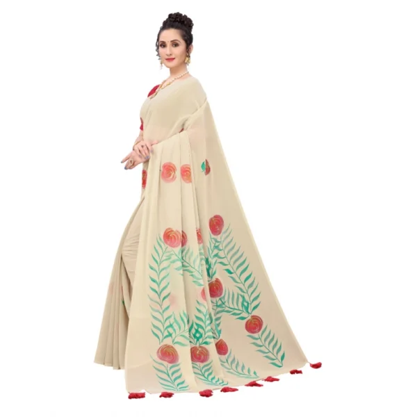 Women's Georgette Floral Hand Printed Sarees (Beige, 5-6 Mtrs) - Image 2