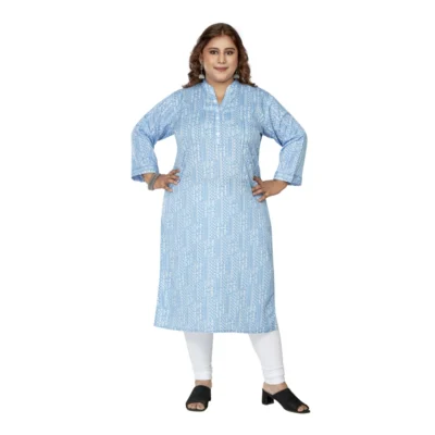 Women's Casual 3/4th Sleeve Full printed Imported Synthetix Straight Kurti (Blue)