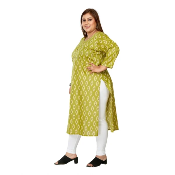 Women's Casual 3/4th Sleeve Ikkat Printed Pure Cotton Straight Kurti (Pista Green) - Image 5