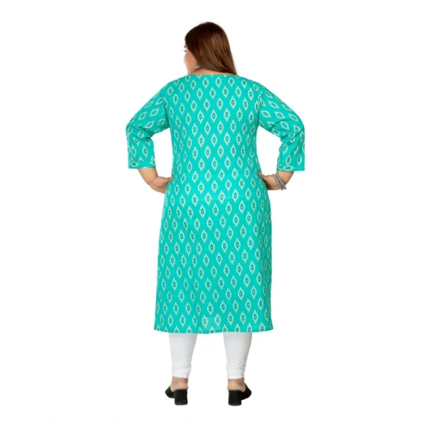 Women's Casual 3/4th Sleeve Ikkat Printed Pure Cotton Straight Kurti (Turquoise) - Image 4