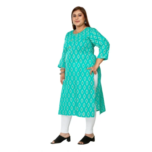 Women's Casual 3/4th Sleeve Ikkat Printed Pure Cotton Straight Kurti (Turquoise) - Image 5