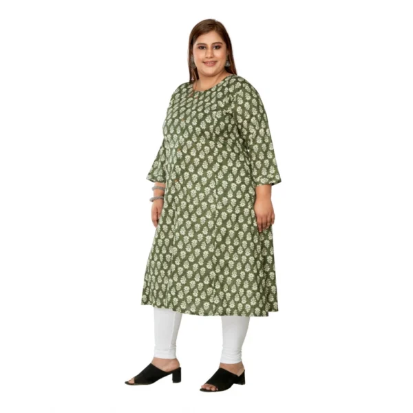 Women's Casual 3/4th Sleeve Printed Pure Cotton Prince Cut A-Line Kurti (Green) - Image 5