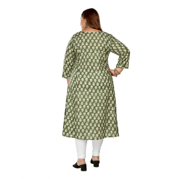 Women's Casual 3/4th Sleeve Printed Pure Cotton Prince Cut A-Line Kurti (Green) - Image 4