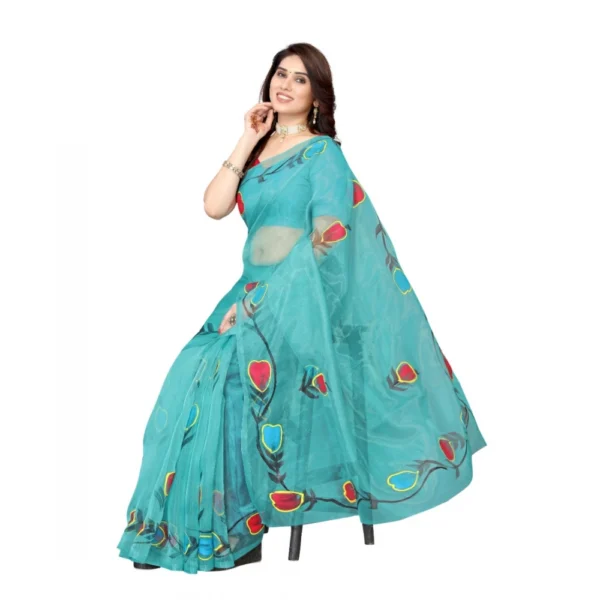 Women's Organza Floral Pattern Sarees (Rama, 5-6 Mtrs) - Image 2