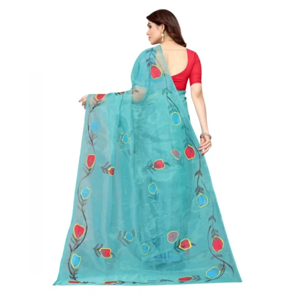 Women's Organza Floral Pattern Sarees (Rama, 5-6 Mtrs) - Image 3
