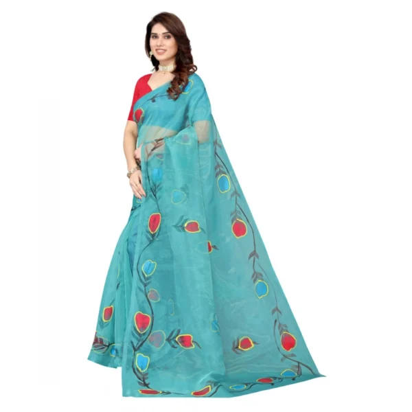 Women's Organza Floral Pattern Sarees (Rama, 5-6 Mtrs) - Image 4