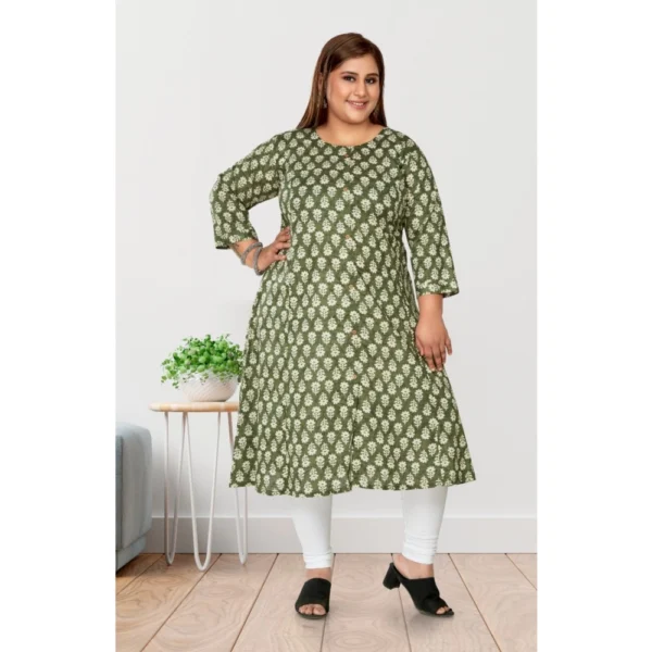 Women's Casual 3/4th Sleeve Printed Pure Cotton Prince Cut A-Line Kurti (Green) - Image 2