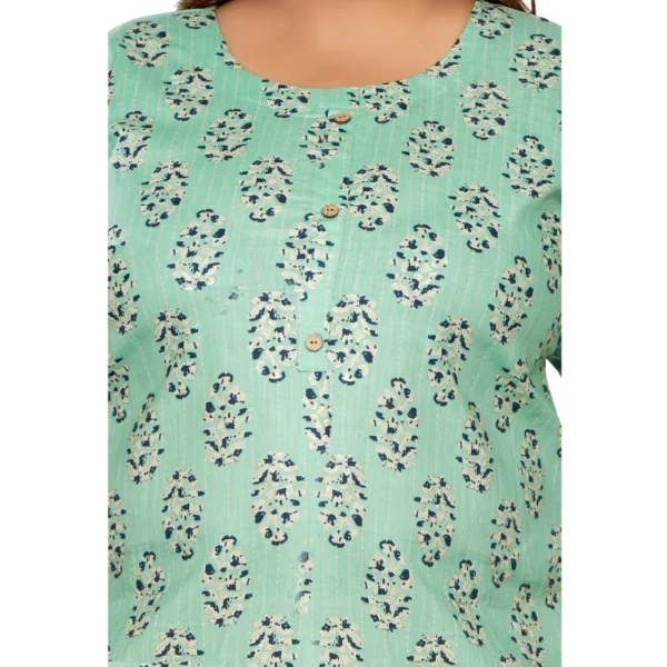 Women's Casual 3/4th Sleeve Golden Foil Printed Pure Cotton Straight Kurti (Pista Green) - Image 3