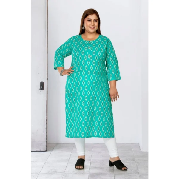Women's Casual 3/4th Sleeve Ikkat Printed Pure Cotton Straight Kurti (Turquoise) - Image 2