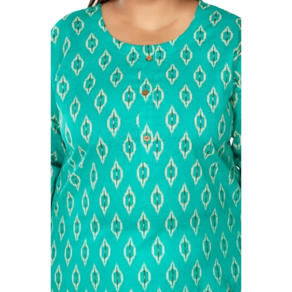 Women's Casual 3/4th Sleeve Ikkat Printed Pure Cotton Straight Kurti (Turquoise) - Image 3