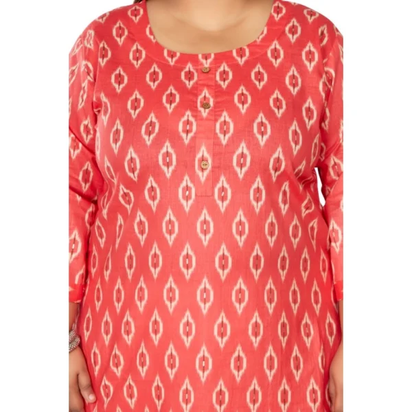 Women's Casual 3/4th Sleeve Ikkat Printed Pure Cotton Straight Kurti (Pink) - Image 3