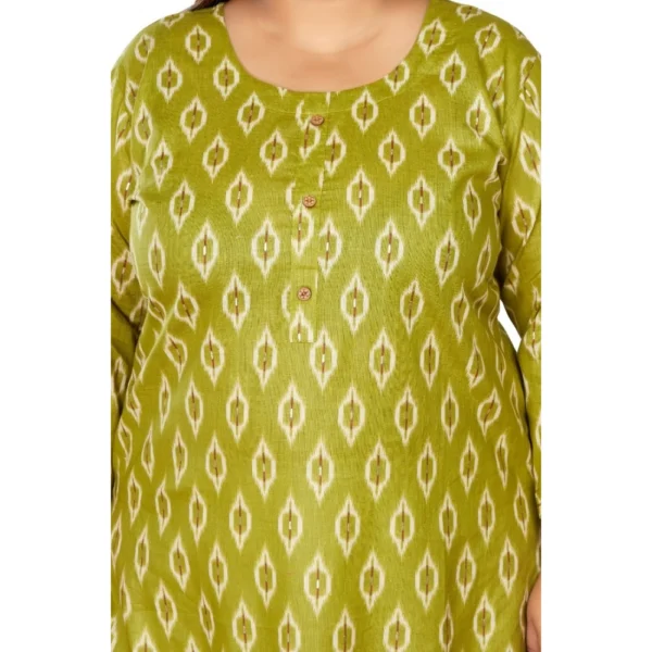 Women's Casual 3/4th Sleeve Ikkat Printed Pure Cotton Straight Kurti (Pista Green) - Image 3