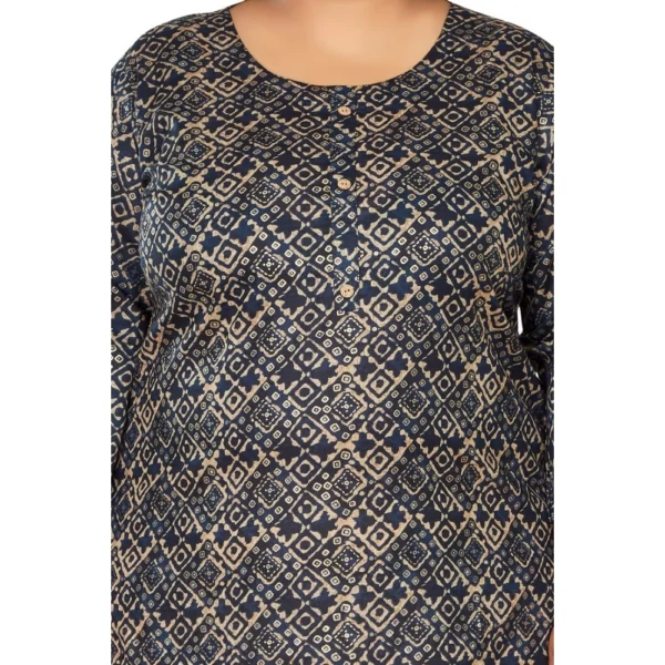 Women's Casual 3/4th Sleeve Golden Foil Printed Capsule Cotton Straight Kurti (Navy Blue) - Image 3