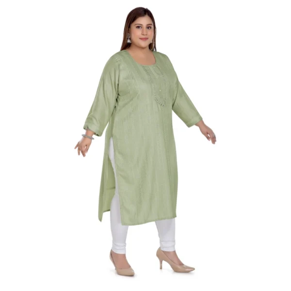 Women's Casual 3/4th Sleeve Imported Fabric Self Embroidered Straight Kurti With Lining (Pista Green) - Image 3