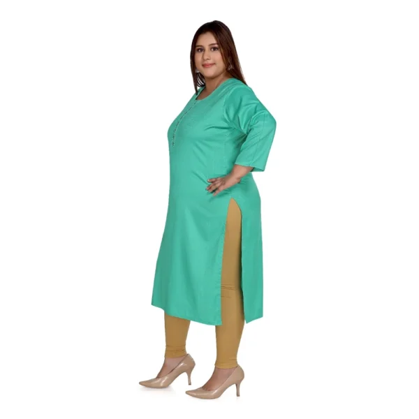 Women's Casual 3/4th Sleeve Rayon Mirror Embroidered Straight Kurti (Turquoise) - Image 2
