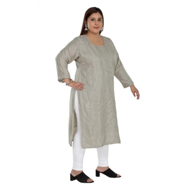 Women's Casual 3/4th Sleeve Imported Fabric Self Embroidered Straight Kurti With Lining (Grey) - Image 3