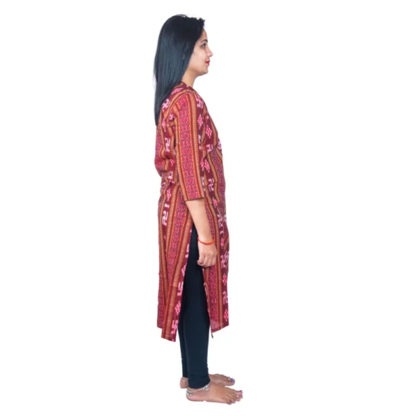 Women's Sambalpuri Certified Handloom Pure Cotton Straight Kurti (Maroon) - Image 3