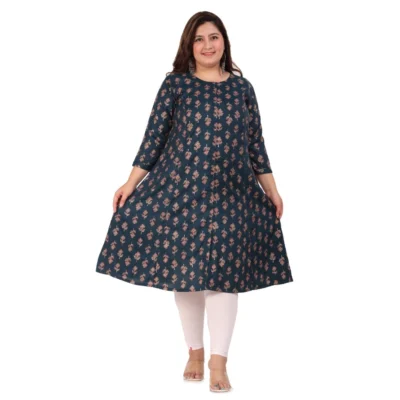 Women's Office wear Floral Printed Capsule Princess Cut Kurti (Green)