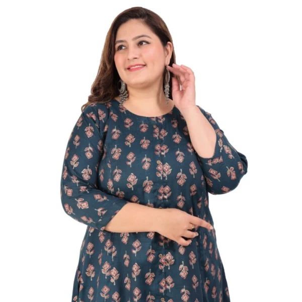 Women's Office wear Floral Printed Capsule Princess Cut Kurti (Green) - Image 2