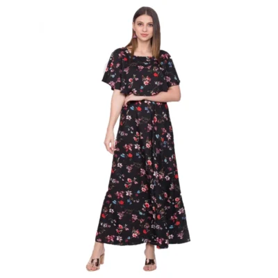 Women's Crepe Floral Half Sleeves Full Length Gown(Black)