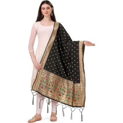 Women's Silk Pure Zari weaving Duppatta (Black, Length: 2-2.3 Mtrs)