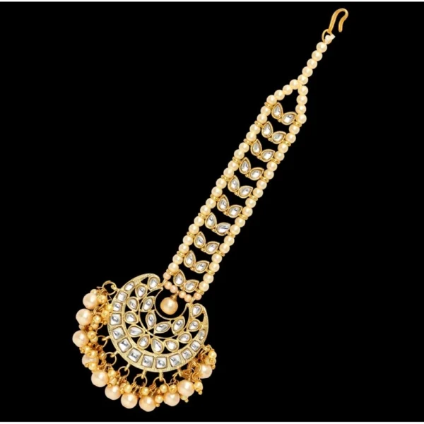 Women's Gold Color Imitation Pearl & Kundan Maang Tikka - Image 2