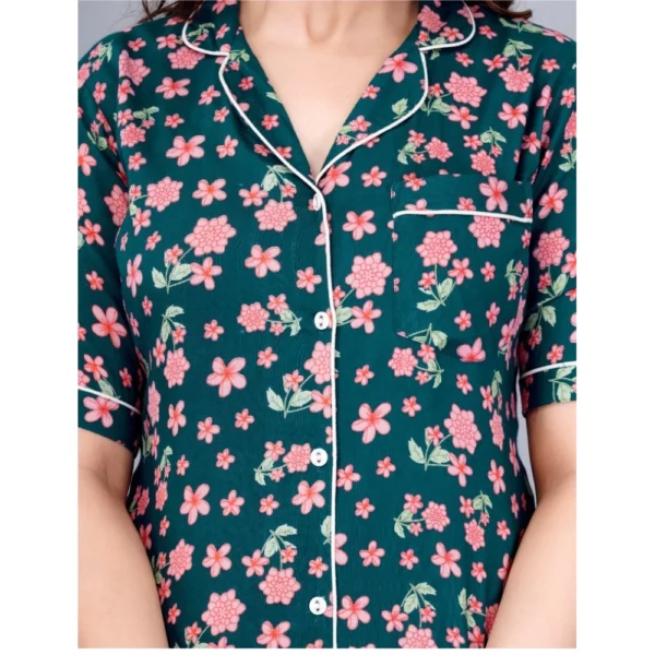 Women's Casual Half Sleeve Printed Viscose Rayon Shirt With Pyjama Pant Night Suit Set (Teal) - Image 6